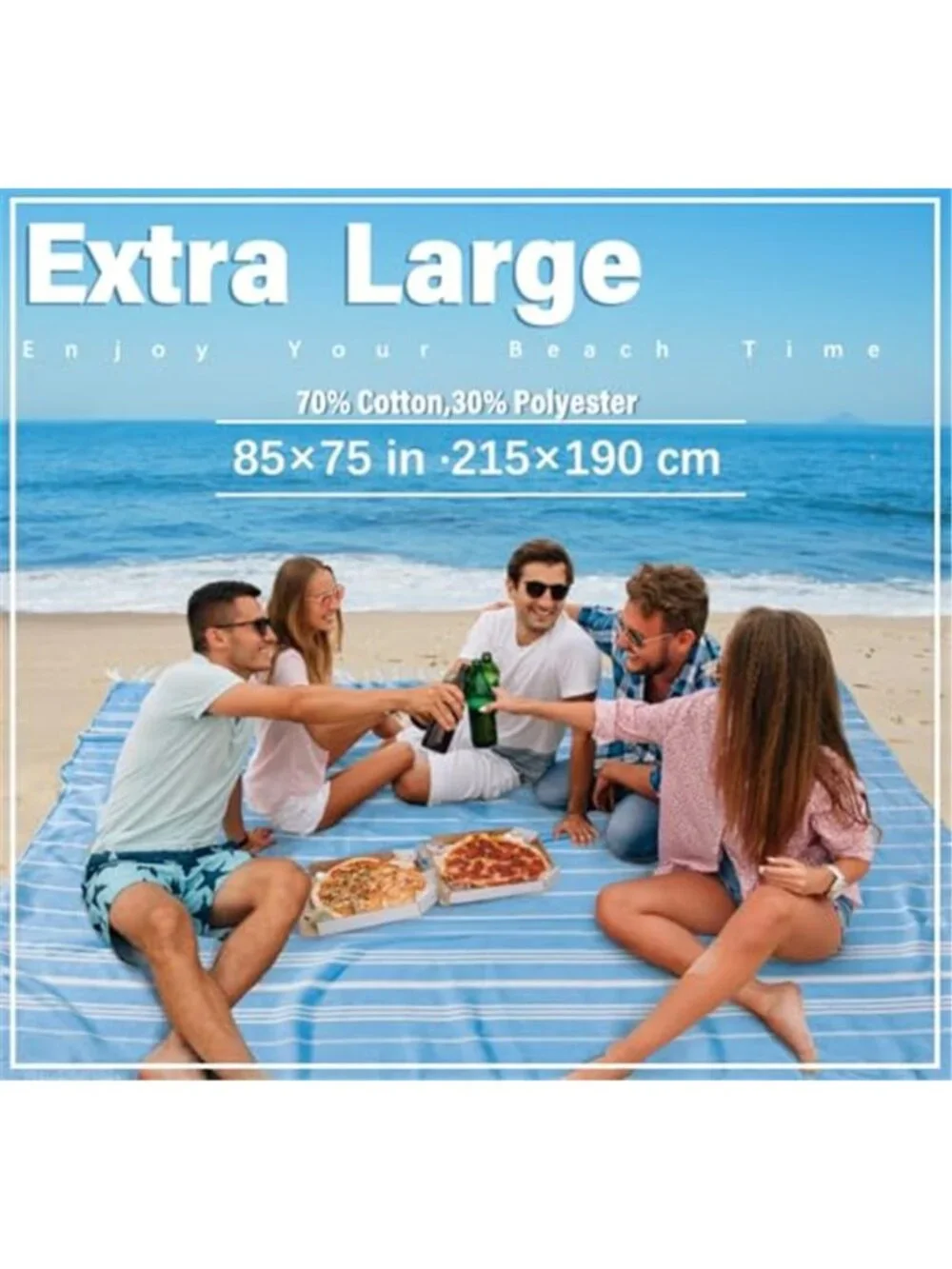 Oversized Turkish Beach Towel Blanket Sky Blue 85x75 Cotton Quick Dry Sand Free